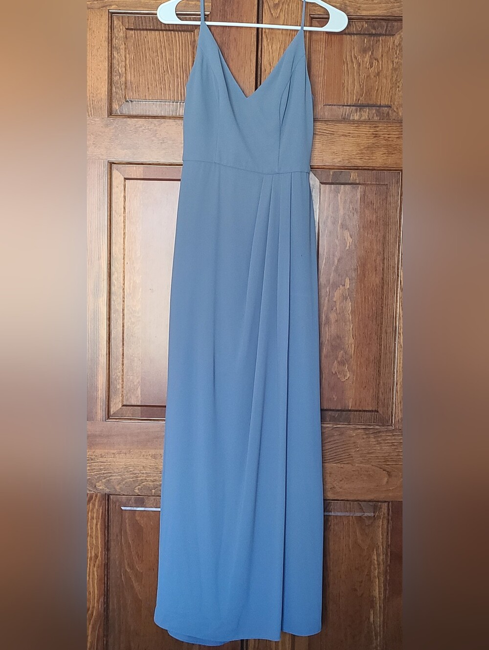 David's Bridal Dusty Blue V-Neck Spaghetti Strap Maxi Dress